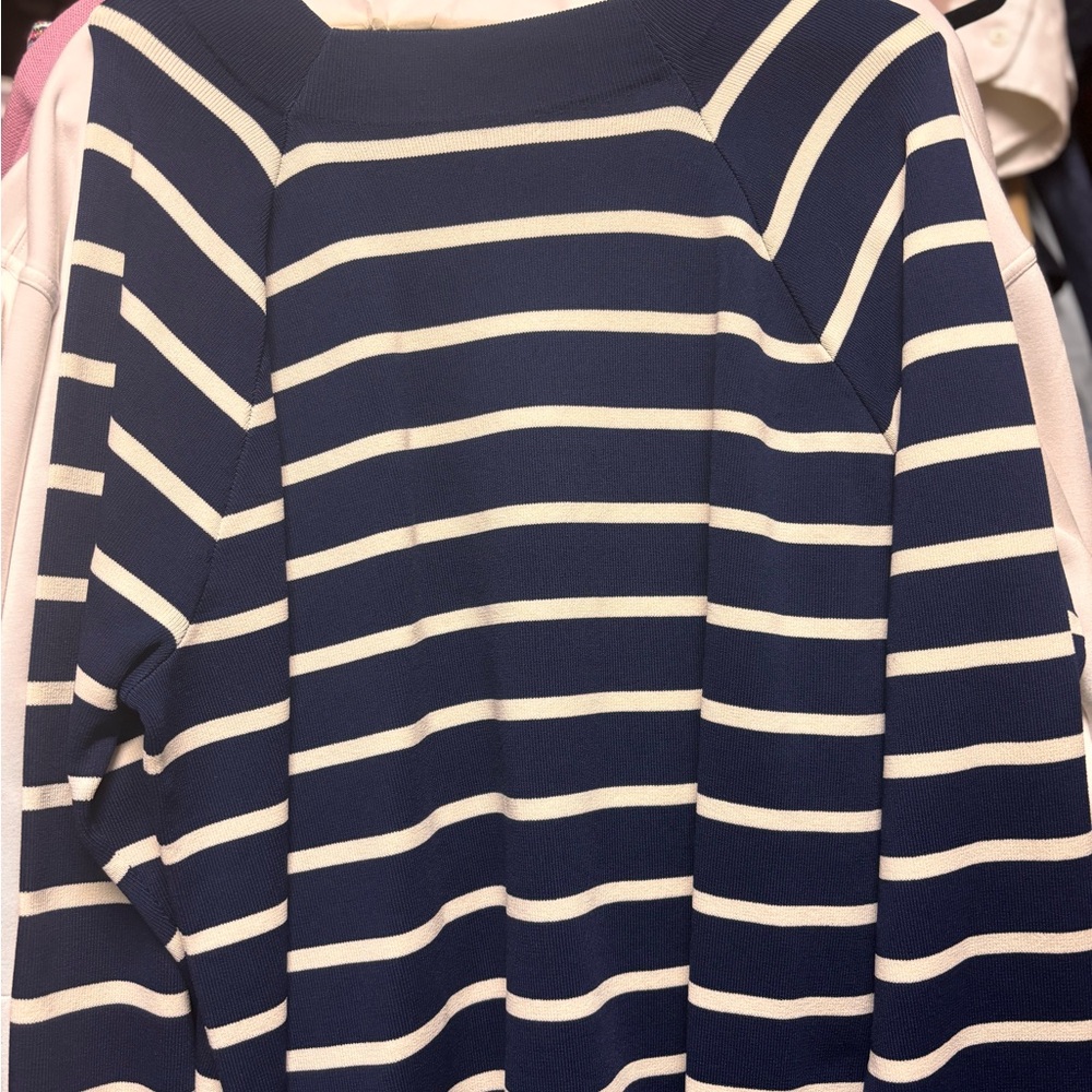 Polo Ralph Lauren Women's Navy and Cream Striped Sweater